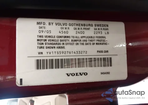 2006 Volvo S80 2.5T from USA, damaged, VIN YV1TS592761433272